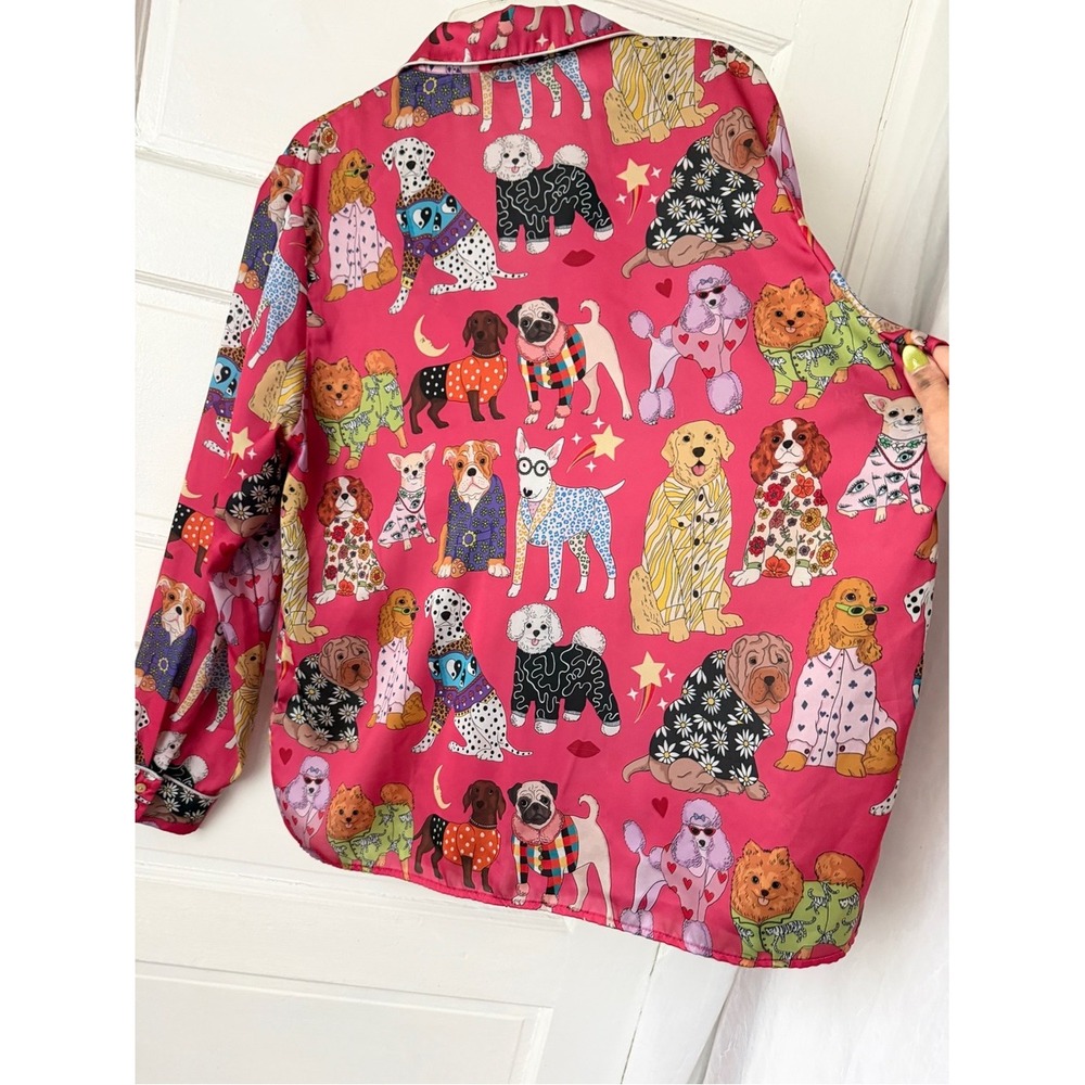 Karen Mabon Pink Dog Print Satin Long Sleeve Pajama Top Button Front XL - Picture 10 of 16
